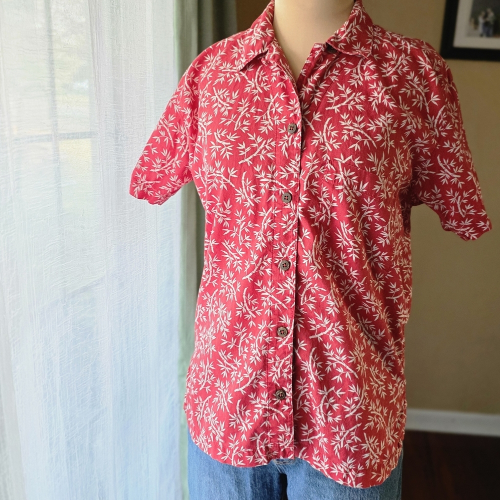Rare Vintage 90s Pataloha Red & White Bamboo Print Hawaiian Women's Shirt Med